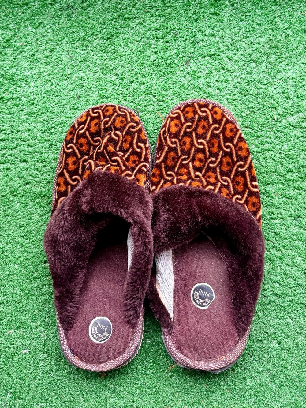 Brown Faux Fur Trim Geometric Pattern Indoor House Slippers Women's US 11-11.5